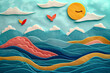 Minimalist artwork layers felt mountains, birds, and waves against a textured paper backdrop. Vibrant colors and sharp details make it a striking wall piece.