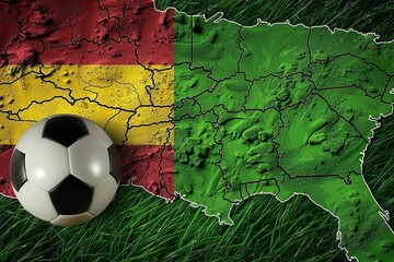 Wall Mural - Illustration of map of Germany with the flag in colors green, red and yellow on top of it is an artificial grass field and next to it there's soccer ball