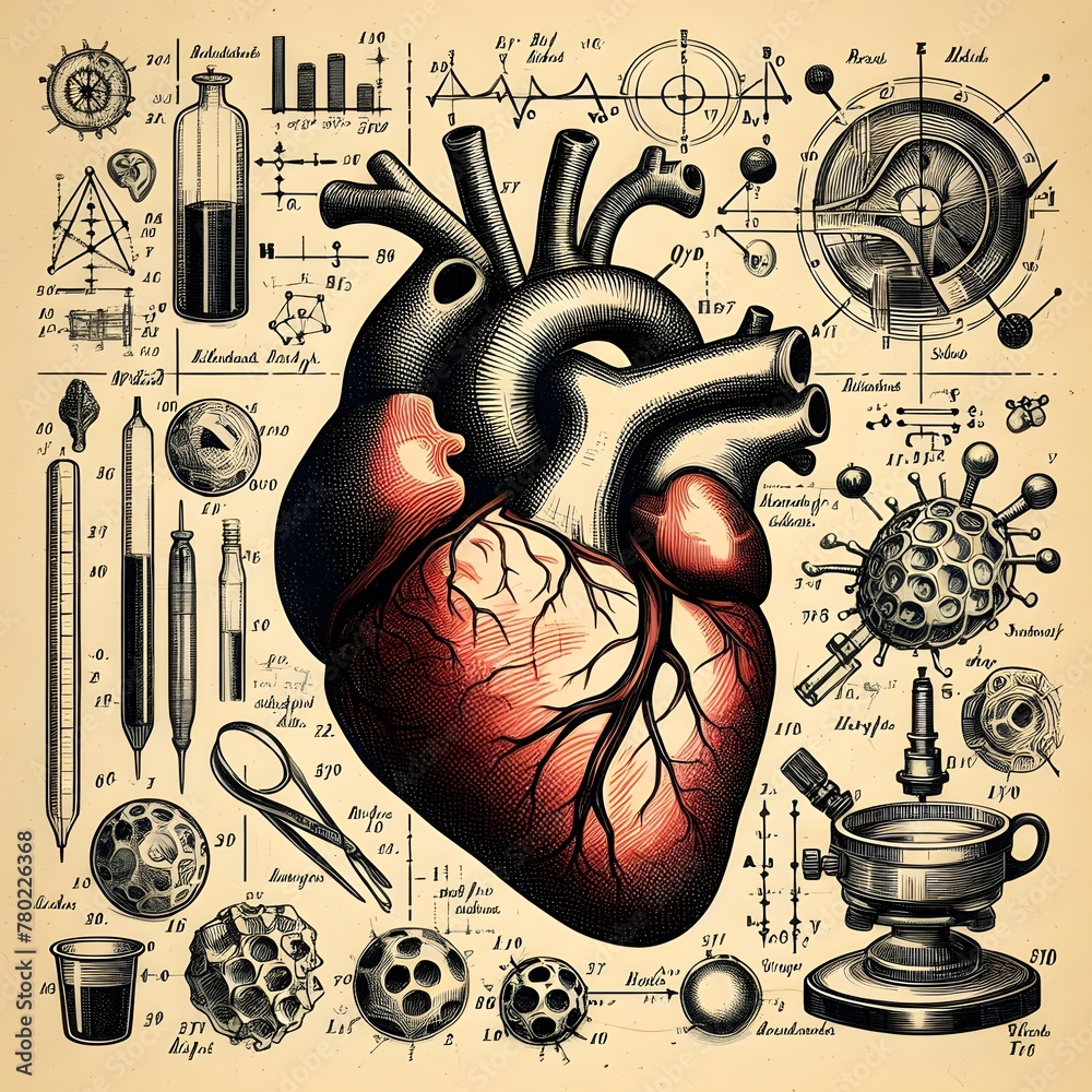 Set of scientific hand draw for medical resources with a human heart in ...
