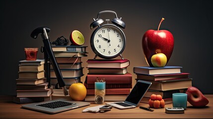 Wall Mural - back-to-school background stacked pile of books, alarm clock, Apple Pencil poised for note-taking, symbolizing the excitement and readiness for the academic journey ahead