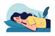 Woman is sleeping and lying in bed, flat illustration. Cartoon depressed sleepy female person with insomnia. Sleeping disorder and nightmare concept