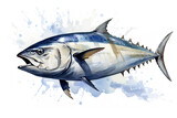 Fototapeta Koty - Watercolor painting of skipjack tuna on white background. Fish. Food. Undersea animals. Illustration, Generative AI.