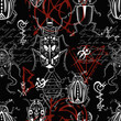 Seamless pattern with mystic decorated bugs and esoteric gothic symbols against black background. No foreign language, all signs are fantasy ones.  