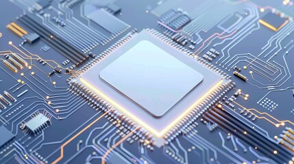 Poster - The CPU processor chip is on circuit board, light white and light gray design, dynamic energy flow