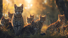 Wild Cat Family In The Forest In The Summer Evening With Setting Sun. Group Of Wild Animals In Nature.