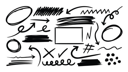 Poster - Set of scribble doodle element vector. Hand drawn doodle style collection of arrows, scribble, speech bubble, cross symbol. Design for print, cartoon, card, decoration, sticker.