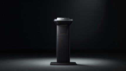 Aufkleber - matte black podium with subtle built-in LED lighting, showcasing a high-end tech gadget, minimalist design with sharp angles, emphasizing the product's sophistication and cutting-edge features