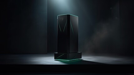 Aufkleber - matte black podium with subtle built-in LED lighting, showcasing a high-end tech gadget, minimalist design with sharp angles, emphasizing the product's sophistication and cutting-edge features