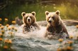 © SaroStock - Bears frolicking in a serene mountainous landscape, surrounded by wildflowers and crystal-clear streams, conveying the bears' playfulness and the idyllic beauty of their natural habitat