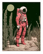 Illustration of spaceman in red suit standing on another planet