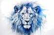 A fierce lion's face in blue and white on a white background