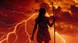 Against a dramatic backdrop of lightning strikes and red skies a young girl stands defiantly with her staff raised high her determination and mastery of the elements evident in her .