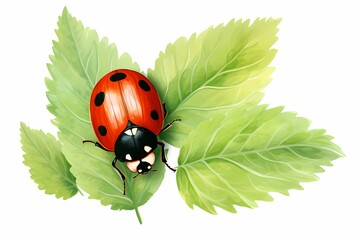 A cheerful ladybug with polka dots on its wings, surrounded by leaves, isolated on white solid background