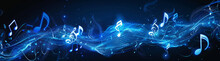 Abstract Blue Glowing Music Waves With Musical Notes On Dark Background