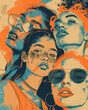 Illustrator roup of women and men, in urban sketch style, blue-orange-beige color, minimalist catooning. AI Generative