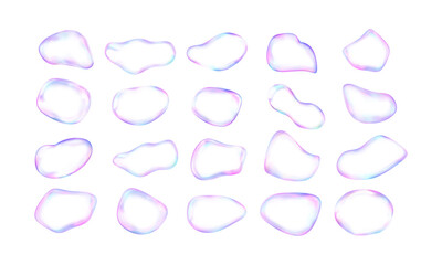 Wall Mural - transparent blobs set. 3d liquid shapes with holographic effect. soap bubbles bundle. futuristic dro