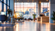 © apratim - Modern office space with computers at sunset, showcasing elegant interior design and expansive city views.