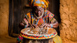 © apratim - An elderly African woman in traditional dress plays a handmade drum with passion and cultural pride.