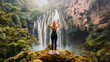 Woman standing in front of a majestic waterfall surrounded by lush green vegetation, expressing a sense of adventure and tranquility.