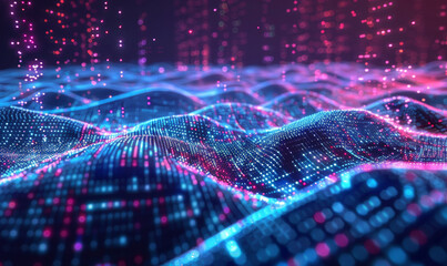 Poster - Abstract multicolored digital particles in cyberspace. Futuristic background with bokeh defocused lights 3d style