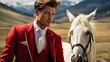 Envision a debonair horse in a velvet smoking jacket, accessorized with a pocket watch and leather riding boots. Amidst a backdrop of rolling hills, it exudes equestrian elegance and refined taste.