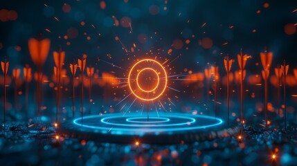 Wall Mural - Create a 3D rendering of a futuristic target symbol, illuminated by glowing arrows striking its center, set against the backdrop of a dark, AI Generative