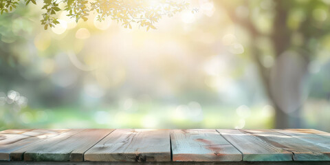 Wall Mural - Empty wooden table top with blurred nature background for product display presentation or design banner template, wood counter on white blurred bokeh background. 