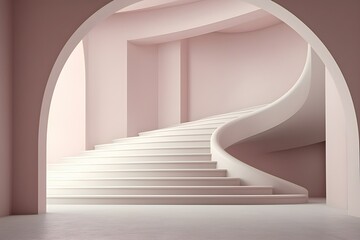 Poster - Round arch with stairs to the second floor, next to a large plants,  generated by AI. 3D illustration
