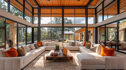 Wall Mural - Modern Living Room with Large Windows and Nature View