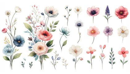 Charming watercolor flora set, Perfect for elegant designs.