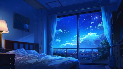 A modern urban bedroom at night, with a grand window view of a starry sky above city lights. Urban Bedroom with Night Sky Panorama lofi anime cartoon

