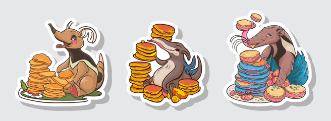 Wall Mural - Set of anteater enjoying pancakes in charming sticker vector illustration. Generative AI