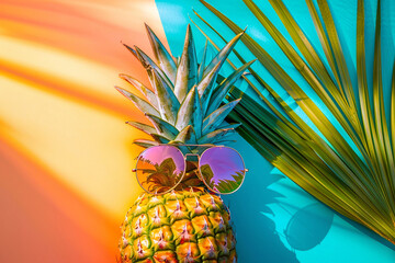  Photo of pineapple in sunglasses against background of colored wall and palm leaves. Summer holiday concept at sea