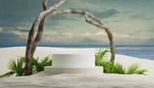 Tranquil Tropics: Podium And Dry Tree Twigs On White Sand Beach Mockup