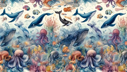 Sea animal watercolor pattern Illustration background.