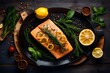 Baked salmon steak with lemon and herbs. Top view.