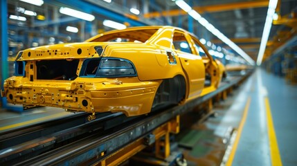 Wall Mural - Automotive production's essence lies in car assembly lines, where vehicles advance through stations, assimilating components, and refining manufacturing processes, epitomizing efficiency.
