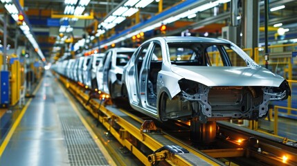 Wall Mural - Emblematic of automotive production, assembly lines streamline manufacturing by adding components to vehicles as they progress through designated stations.
