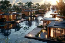 Several Houses Built On Floating Platforms, Resting Atop A Calm River