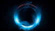 Neon blue color geometric circle on a dark background. Round mystical portal. Mockup for your logo. Futuristic smoke. Mockup for your logo.