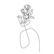 Woman Head with Flowers Line Art Vector Drawing. Style Template with Female Face with Flowers and Leaves. Modern Minimalist Simple Linear Style. Beauty Fashion Design