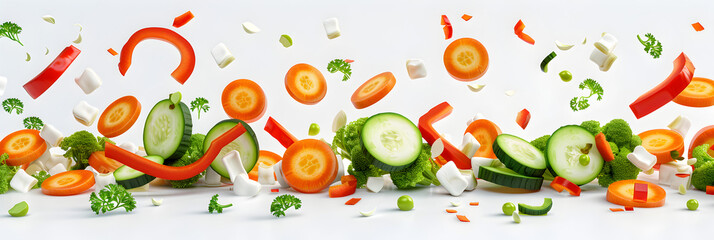  vegetables fly, Fresh organic ingredients for salad on white background
