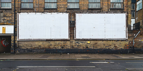 Two white blank billboards on old brick building in city, blank white Billboard on street