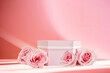 Pink product podium placement with roses flowers  on fabric background, Empty podium with rose and petals for display gifts, products or cosmetics