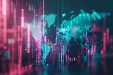 Leinwandbilder - Cyber Nexus: A Global Network Overlaying a Digital Cityscape, Symbolizing Interconnected Modernity and Data Flow, Generative AI
