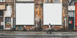 Two white blank billboards on old brick building in city, blank white Billboard on street