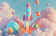 Illustration of 3D rocket with planet background for start up business advertise concept.