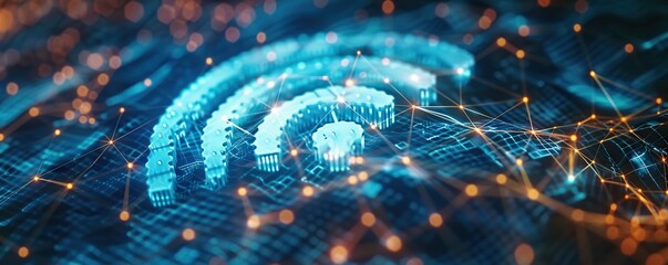 Poster - abstract digital connectivity concept with glowing wi-fi symbol on blue background