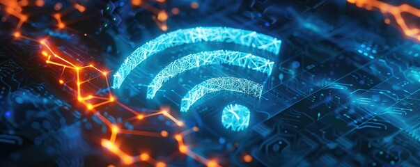 Poster - abstract digital connectivity concept with glowing wi-fi symbol on blue background