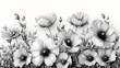 A monochrome botanical line art featuring diverse wildflowers in an untamed arrangement.